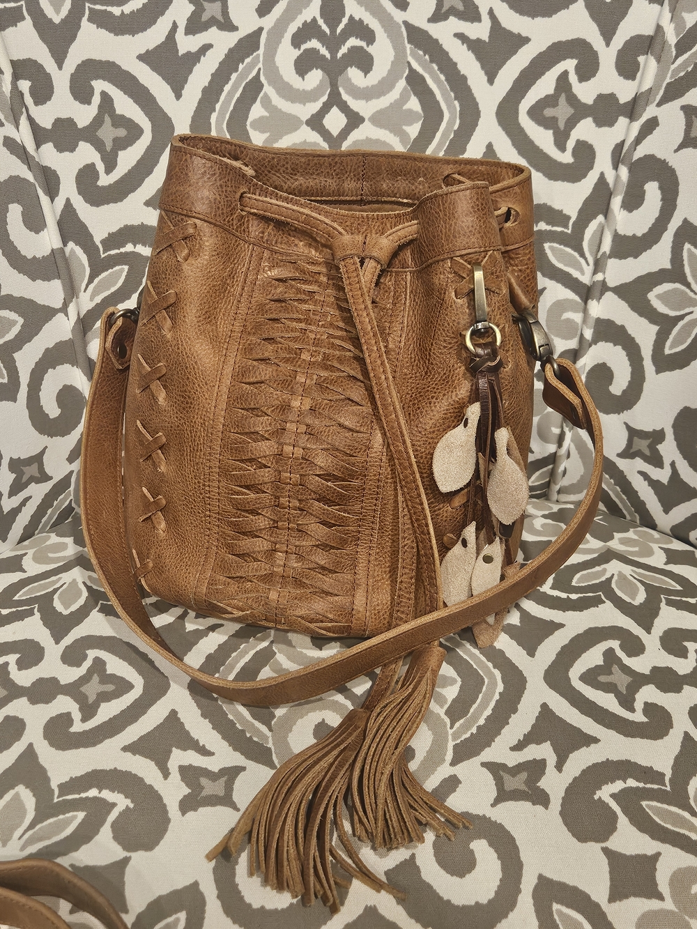 Woven Bucket Leather Crossbody Bag in Tan